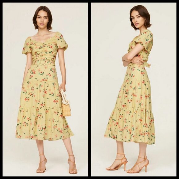 💕PALOMA BLUE💕 Evie Gathered Floral-Print Crepe Midi Dress Yellow Medium M NWOT - Picture 6 of 16